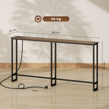 Industrial narrow console table, charging station, rustic brown