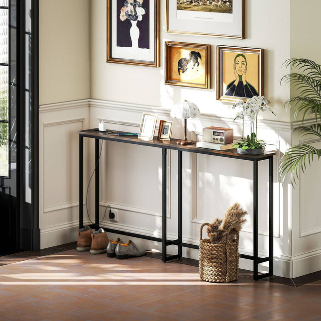 Industrial narrow console table, charging station, rustic brown
