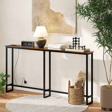 Industrial narrow console table, charging station, rustic brown