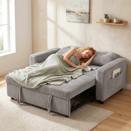 Convertible 2-Seater Cord Sofa Bed, 2 Pillows, Pockets, Grey