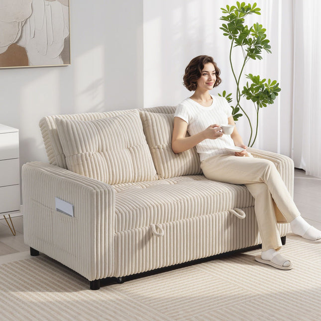 Rozkładana sofa 2-osobowa z funkcją spania, tkanina sztruksowa, kremowo-biały
