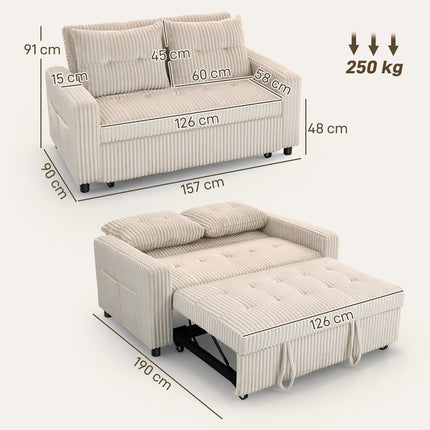 Convertible 2-Seater Sofa Bed, Cord Fabric, Cream White