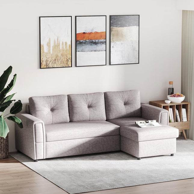 Rozkładana sofa 3-osobowa z szezlongiem, szara tkanina