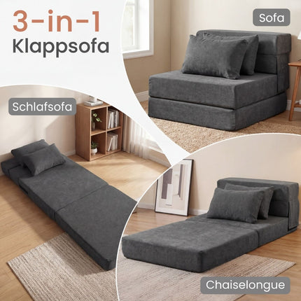 Convertible 3-in-1 Chenille Sofa Bed with 2 Cushions, Gray