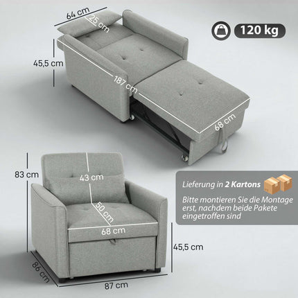 Convertible 3-in-1 Sofa Chair Bed, Adjustable Backrest, Gray