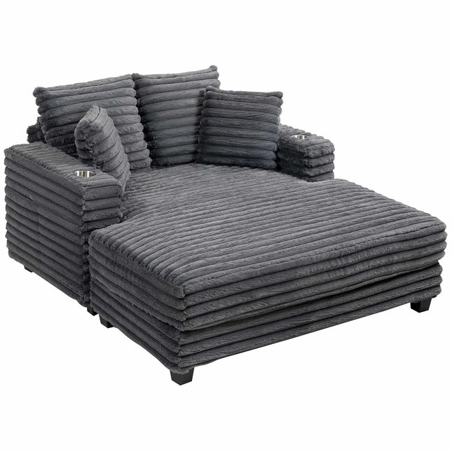 Rozkładana sofa z kordu z uchwytami na kubki, szara