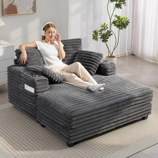 Rozkładana sofa z kordu z uchwytami na kubki, szara