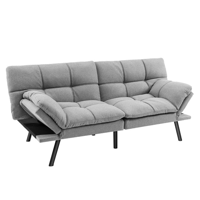 Rozkładana szara sofa futon z regulowanym oparciem