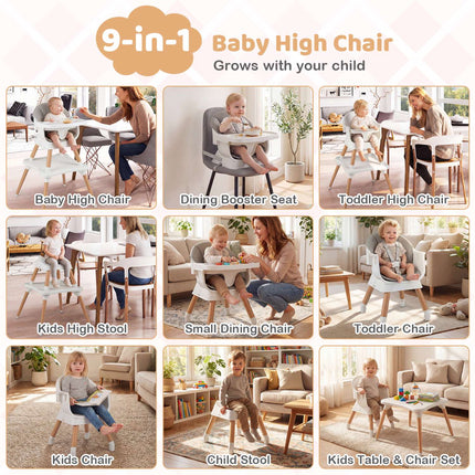 Convertible High Chair 9-in-1, Removable Tray, Grey