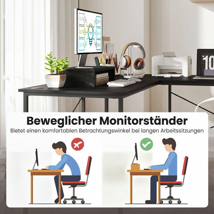 Convertible L-Shaped Desk with Monitor Stand, Black