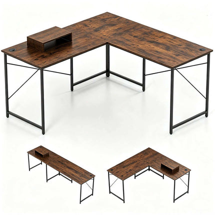 Convertible L-Shaped Desk with Monitor Stand, Rustic Brown