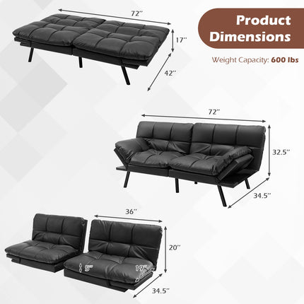 Convertible Memory Foam Futon Sofa Bed, Adjustable Arms, Black