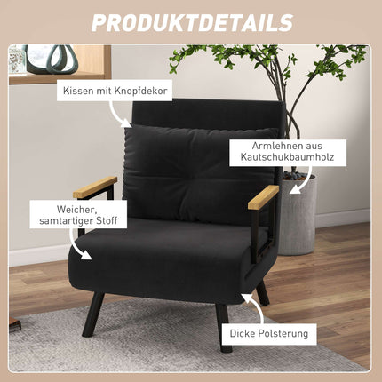 Convertible Recliner Chair with Cushion, Black Velvet
