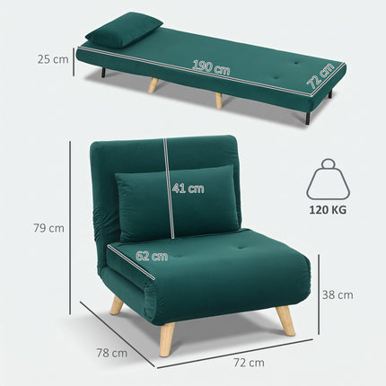 Convertible Sleeper Chair, Adjustable Backrest, Dark Green Velvet