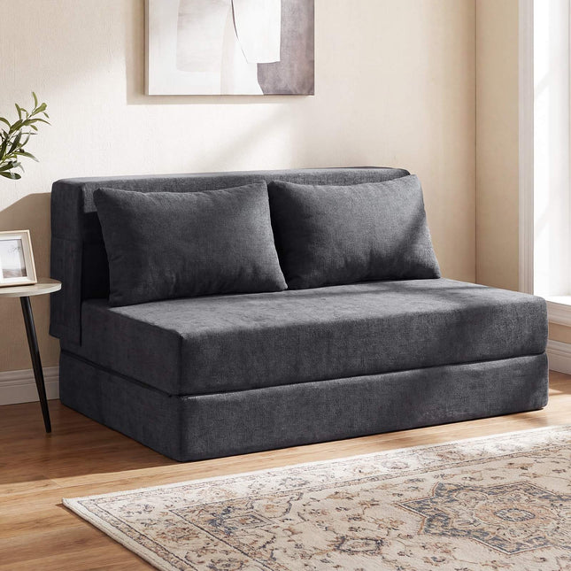 Rozkładana sofa 3 w 1, szenilowa, 2 poduszki, szara