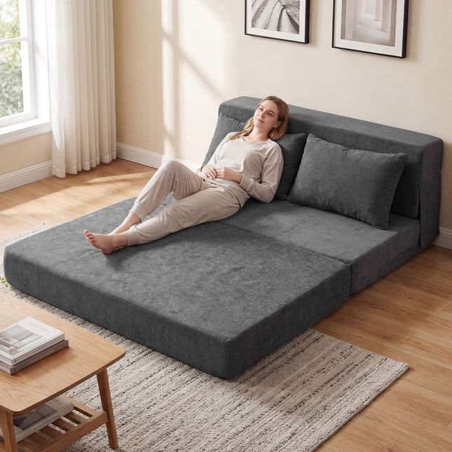 Rozkładana sofa 3 w 1, szenilowa, 2 poduszki, szara
