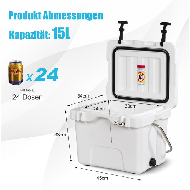 Koelbox met 15 liter koelbox met handvat, aftapplug en 2 bekerhouders wit