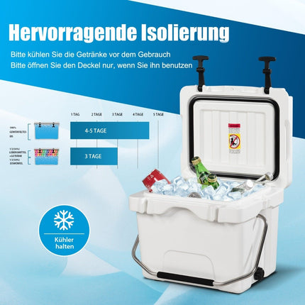 Cool box with 15 L capacity ice chest with handle drain plug & 2 drink holders white