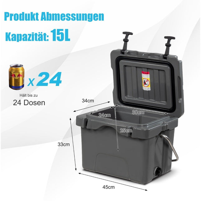 Koelbox met 15 liter inhoud, koelbox met handvat, aftapplug en 2 bekerhouders, grijs