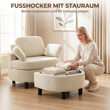 Cord Reading Armchair With Storage Ottoman, Cream White