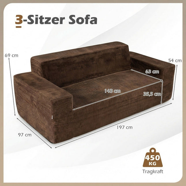 Sofa 3-osobowa z kordu z wysokim oparciem i szerokimi podłokietnikami, brązowa