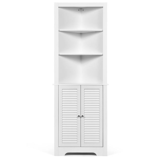 Corner Bathroom Cabinet with 3 Open Shelves & 2 Louvered Doors