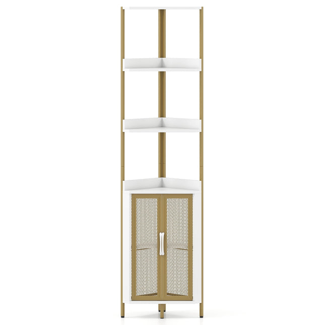 Corner Bookshelf with Cabinet & Metal Frame, 170 cm, White