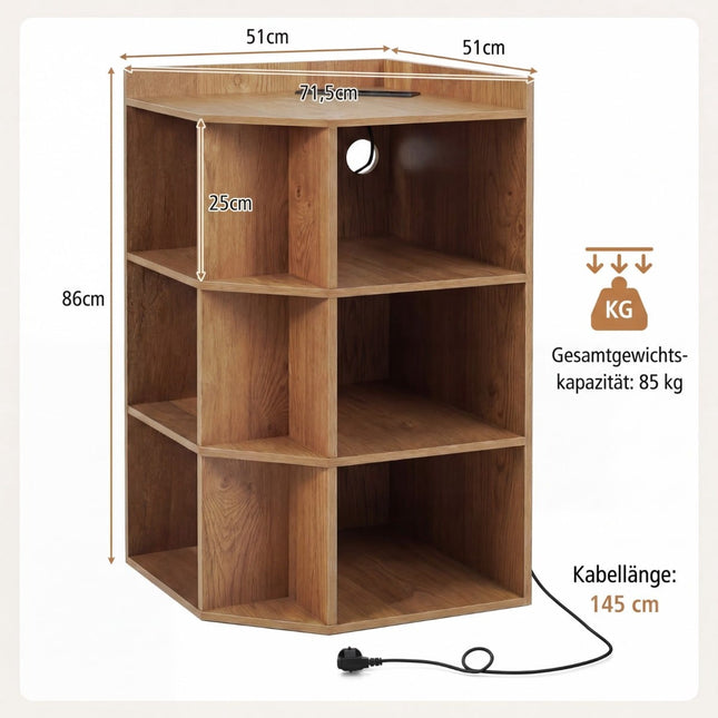 Corner Bookshelf with Charging Station, 9 Shelves, 2 USB, 4 Outlets