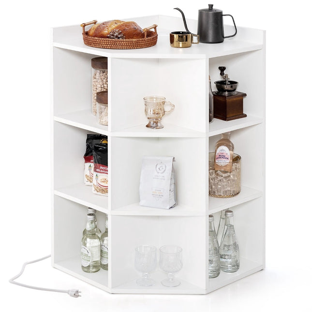 Corner Bookshelf with Charging Station, 9 Shelves, White
