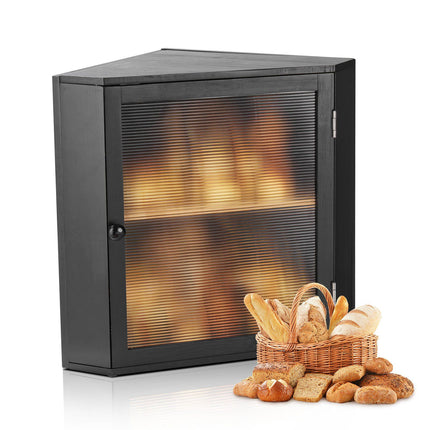 Corner Bread Box, Double Layer Bamboo, Black Acrylic Door