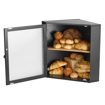 Corner Bread Box, Double Layer Bamboo, Black Acrylic Door
