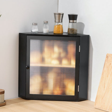 Corner Bread Box, Double Layer Bamboo, Black Acrylic Door