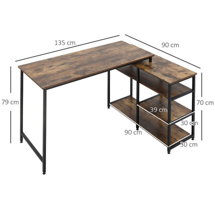 L-shaped corner desk, rustic brown, with shelf and drawer