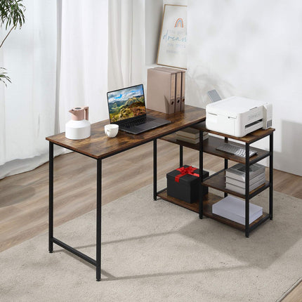 L-shaped corner desk, rustic brown, with shelf and drawer