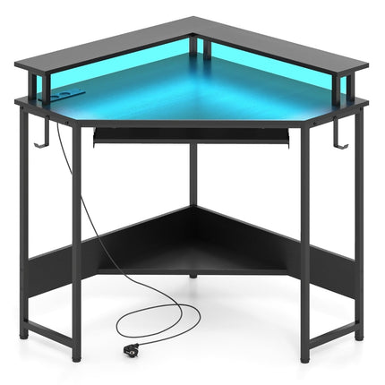 Corner Desk with Charging Station, LED, Keyboard Tray