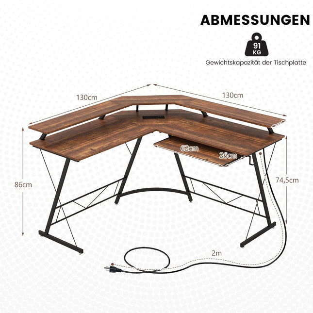 Corner Desk with Socket & USB Charging Port & Monitor Stand Rustic Brown