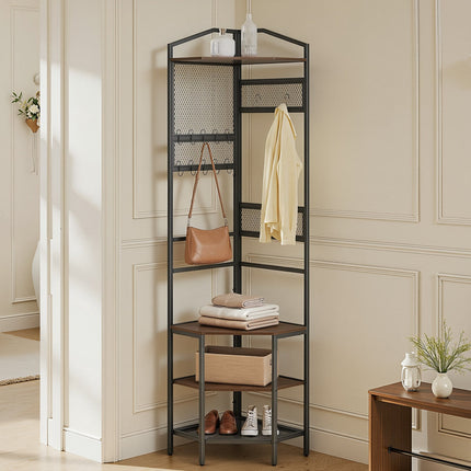 Corner Hall Tree Coat Rack with Shoe Shelves, Steel Frame