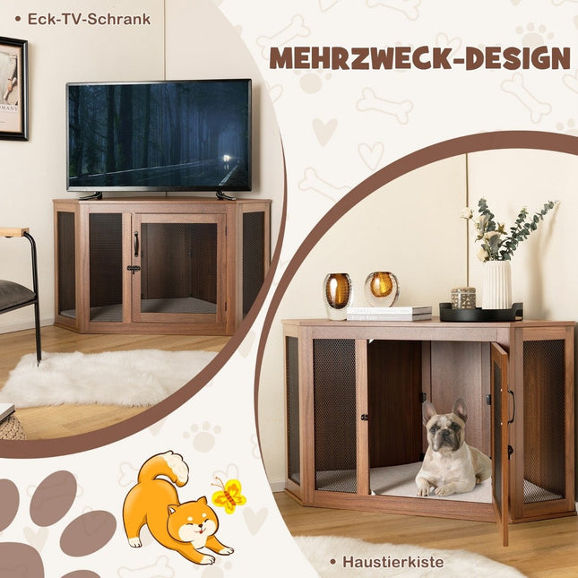 Hoekhuisdierkooi, hondenhok, bijzettafel met gaasdeur en kussen, 114 x 59 x 67 cm, bruin