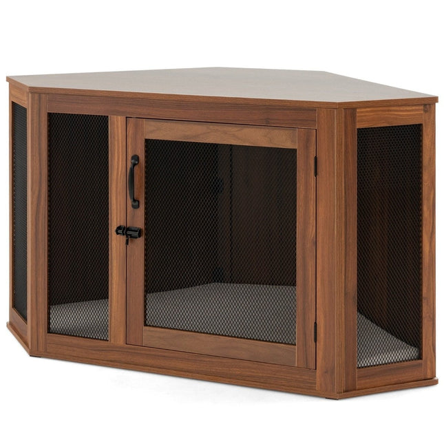 Hoekhuisdierkooi, hondenhok, bijzettafel met gaasdeur en kussen, 114 x 59 x 67 cm, bruin