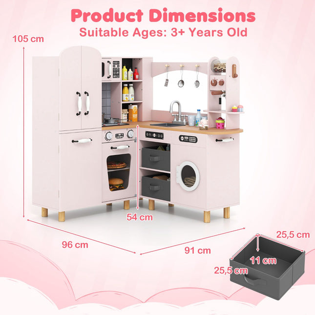 Corner Play Kitchen Set, Wooden, Pink, Lights and Sounds