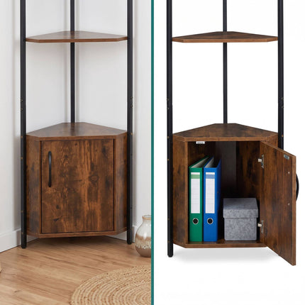 Corner Shelf Unit with 5 Shelves & Cupboard - Brown