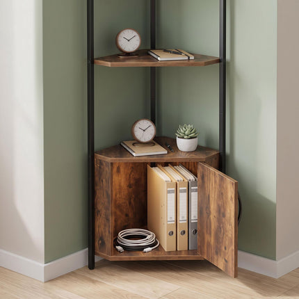 Corner Shelf Unit with 5 Shelves & Cupboard - Brown