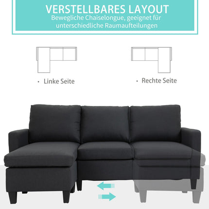 Dark gray L-Shape corner sofa in linen with chaise longue, 197cm