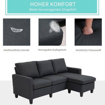 Dark gray L-Shape corner sofa in linen with chaise longue, 197cm