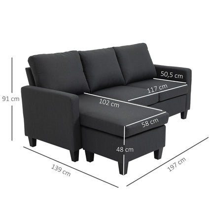 Dark gray L-Shape corner sofa in linen with chaise longue, 197cm