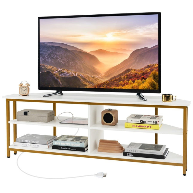 Corner TV Cabinet with Charging Station &amp; Shelves TV lowboard for TVs up to 65 inch TV cabinet white