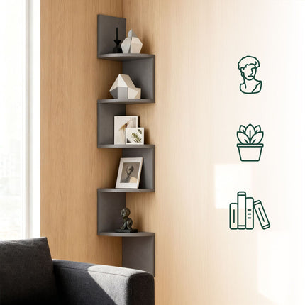 Corner Wall Shelf, 5 Tiers, Zigzag Design