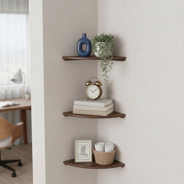 Corner Wall Shelf, Walnut, Semi-Circle, Mounting Hardware