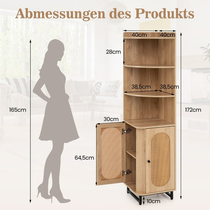 Corner bookcase made of PE rattan 172 cm tall cabinet with 2 doors & 4 open shelves natural