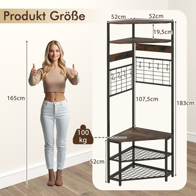 Narożny wieszak na ubrania z ławką na buty &amp; Wolnostojący wieszak na ubrania z 12 metalowymi haczykami, brązowy